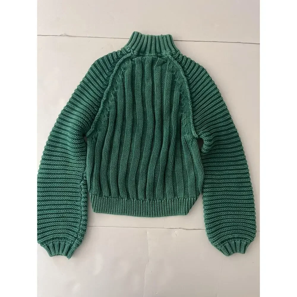Free People Sweater Womens XS Green Cable Knit Mock Neck Cropped Cotton Raglan